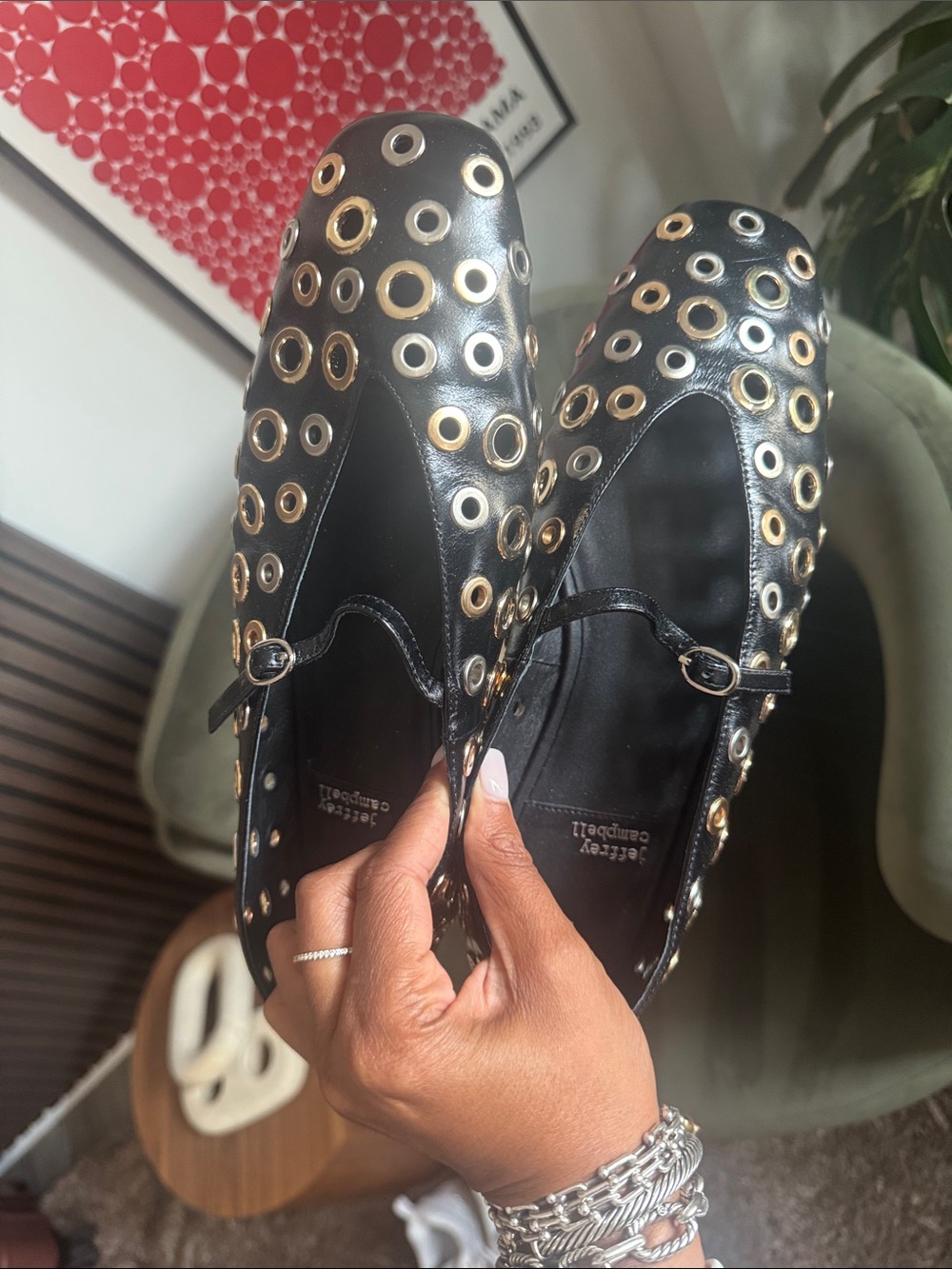 Jeffrey Campbell Black Leather Grommet-Embellished Slip-On Flats